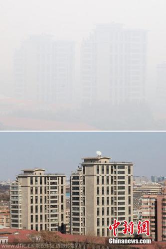 10月10日清晨，北京西城区宣武门附近一片住宅区被雾霾笼罩（上图）；2014年2月19日拍摄的同一片住宅区（下图）。
