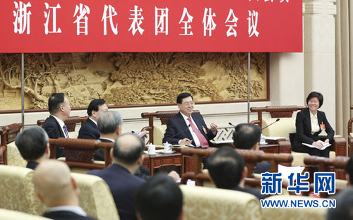 3月5日，中共中央政治局常委、全国人大常委会委员长张德江参加十二届全国人大三次会议浙江代表团的审议。新华社记者丁林摄