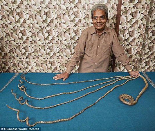 据英国《每日邮报》日前报道，现年78岁的印度男子Shridhar Chillal左手五指指甲长度总和达到9米09，被吉尼斯世界纪录确认为世界上“单手指甲最长”的人。