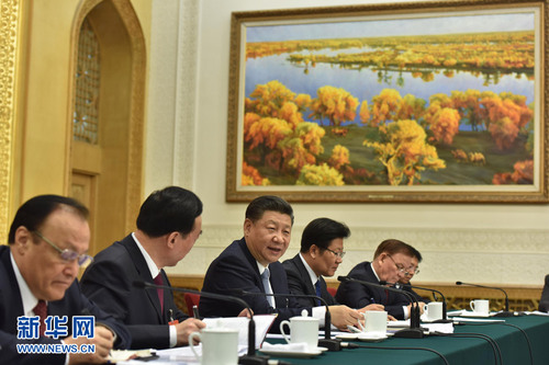 3月10日，中共中央总书记、国家主席、中央军委主席习近平参加十二届全国人大五次会议新疆代表团的审议。 新华社记者 李涛 摄