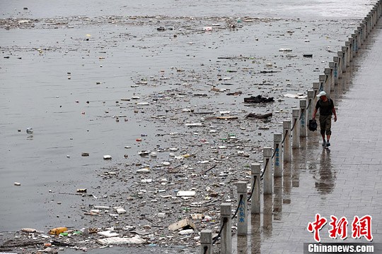 7月4日，山西太原遭遇暴雨袭击，雨水将大量垃圾冲入汾河公园河道内，致使河面漂浮大面积垃圾，造成河水污染。<a target='_blank' href='http://www.chinanews.com/'>中新社</a>发 武俊杰 摄