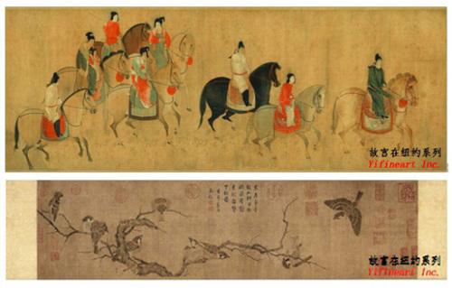 中国侨网图：唐朝张萱的虢国夫人游春图(上)、宋朝崔白的寒雀图(下)。（美国《世界日报》资料图）