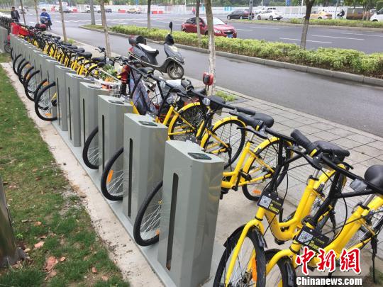 资料图：停在公共自行车停车桩上的共享单车。　孙权　摄
