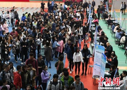  资料图：众多大学生扎堆招聘现场求职。　杨华峰　摄
