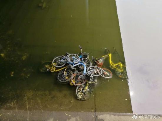 北京护城河水位降低 近百辆共享单车现河床