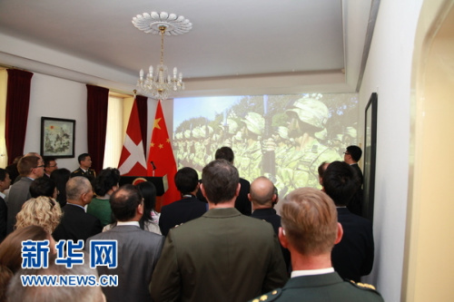 来宾在招待会上观看中国军队宣传片。新华网发