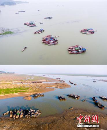 上图为2017年10月22日，渔船停靠在涨水的鄱阳湖都昌水域；下图为2016年9月24日，渔船停靠在退水的鄱阳湖都昌水域同一地点。（拼版照片）