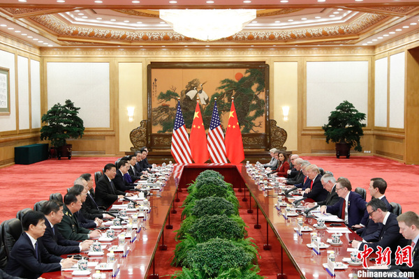 11月9日，中国国家主席习近平在北京人民大会堂同美国总统特朗普举行会谈。中新社记者 杜洋 摄