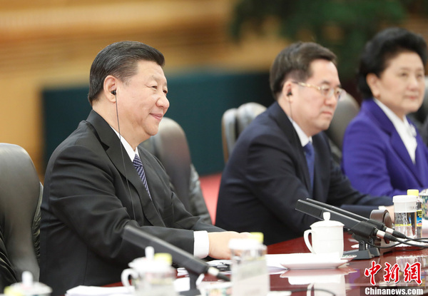 11月9日，中国国家主席习近平在北京人民大会堂同美国总统特朗普举行会谈。中新社记者 杜洋 摄2
