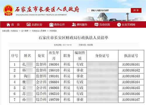 石家庄政府官网泄露执法人员隐私 官方已通知删除