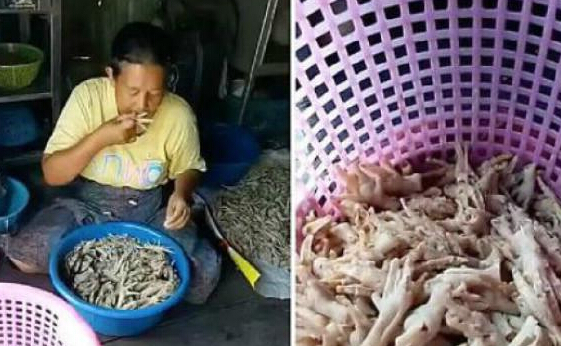 工人嘴啃无骨鸡爪 即便是配备刀具也不用因为没有用嘴快