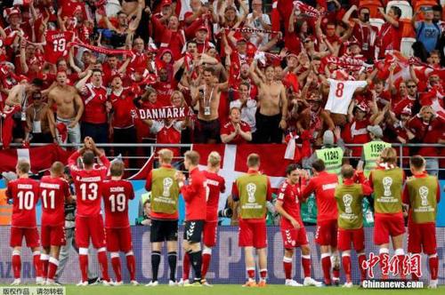 图为丹麦球员赛后与球迷们共同庆祝胜利。