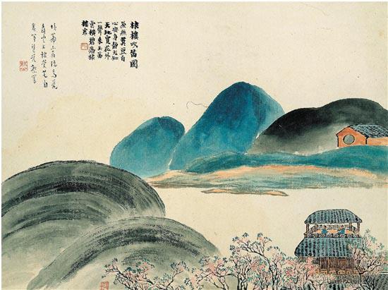 齐白石 石门二十四景之棣楼吹笛图 34×45.5cm 册页 纸本设色 1910年 辽宁省博物馆藏