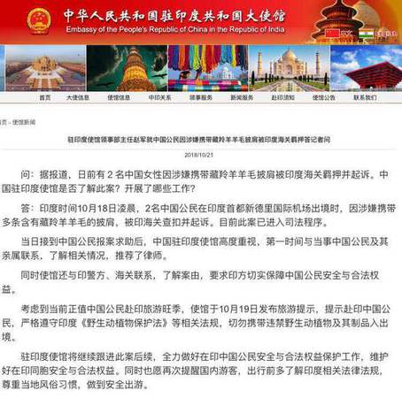 中国游客携藏羚羊毛披肩出境被印羁押 中使馆回应