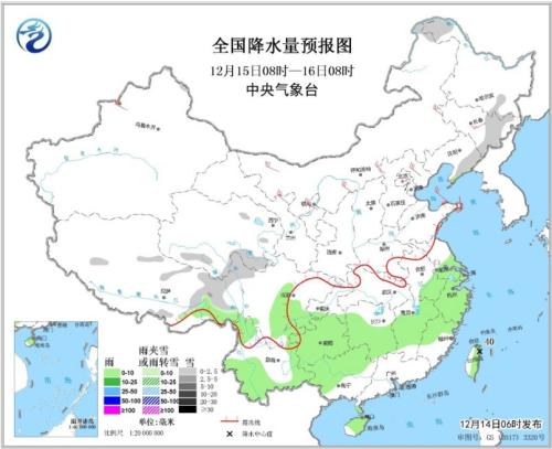 全国降水量预报图(12月15日8时-16日8时)