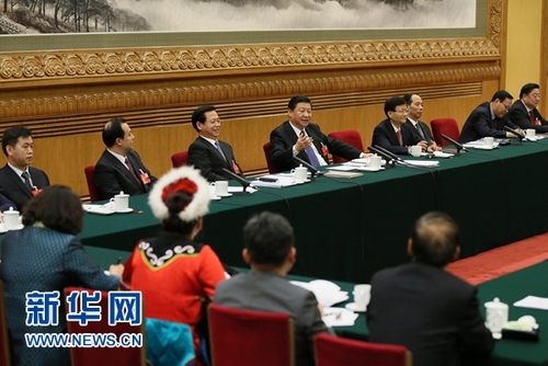3月7日，中共中央总书记、国家主席、中央军委主席习近平参加十二届全国人大四次会议黑龙江代表团的审议。新华社记者 兰红光摄
