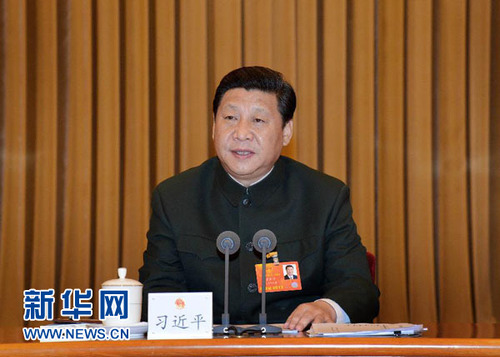 3月11日，中共中央总书记、中共中央军委主席习近平出席十二届全国人大一次会议解放军代表团全体会议并发表重要讲话。李刚 摄
