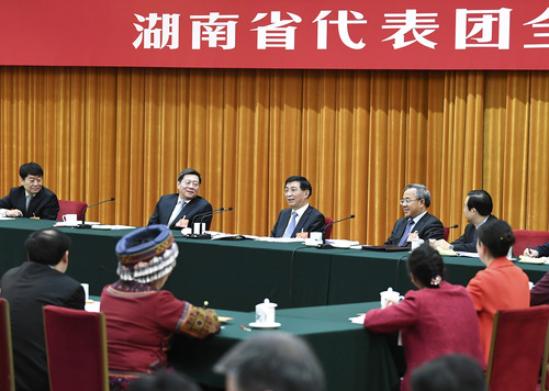3月8日，中共中央政治局常委、中央书记处书记王沪宁参加十三届全国人大二次会议湖南代表团的审议。新华社记者 燕雁 摄
