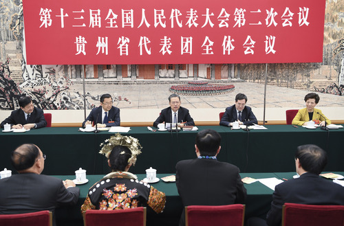 3月9日，中共中央政治局常委、中央纪委书记赵乐际参加十三届全国人大二次会议贵州代表团的审议。新华社记者 张领 摄