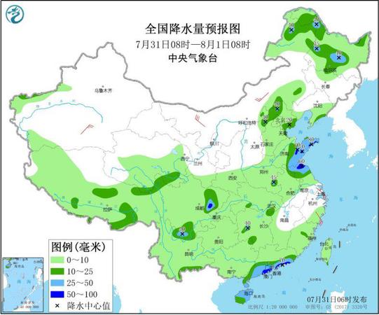 图1 全国降水量预报图（7月31日08时-8月1日08时）
