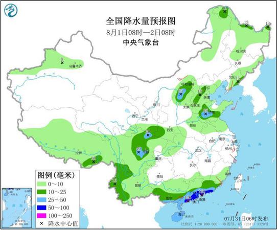 图2 全国降水量预报图（8月1日08时-2日08时）