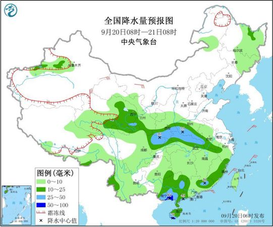 图1 全国降水量预报图(9月20日08时-21日08时)