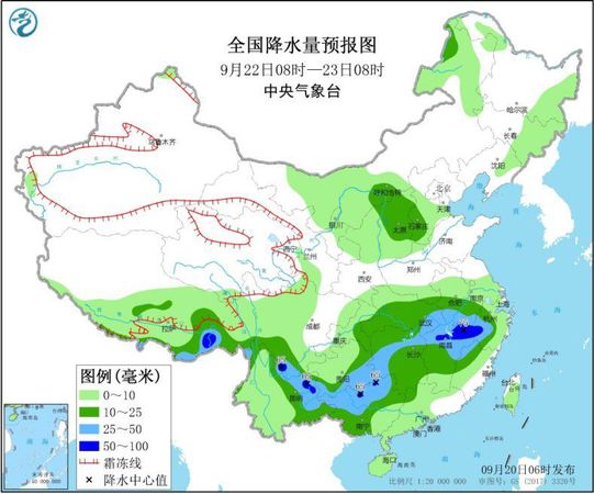 图3 全国降水量预报图(9月22日08时-23日08时)