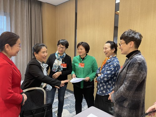 梁琰委员（右三）与其他全国政协委员在讨论交流