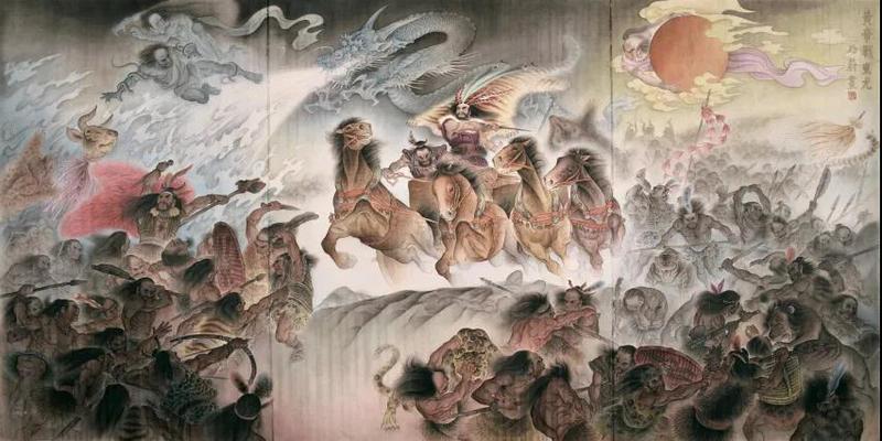 《黄帝战蚩尤》工笔画214cmx106cm 绢本2
