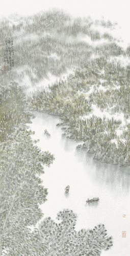 澜沧江上晓风生-吹皱波涛船自横-136×69cm-2020年-李-翔