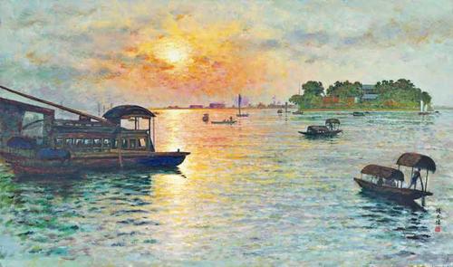 颜文樑 《南湖》 油画 35×69cm 1964年 中国美术馆藏