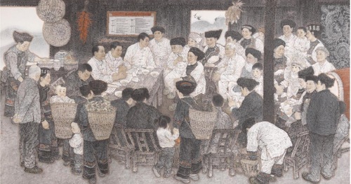 王奋英《暖心——十八洞村贫困户精准识别公示会》（中国画） 2019 中国美术馆藏