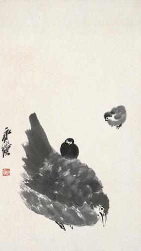 《母子鸡图》镜心 纸本墨笔 纵61厘米横25厘米 无年款 北京画院藏 《母子鸡图》镜心 纸本墨笔 纵61厘米横25厘米 无年款 北京画院藏