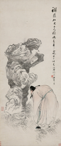 任伯年，米颠拜石图，1882年，126.2×52.8cm，中国美术馆藏