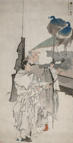 任伯年，屏开金孔雀，1877年，184×94.5cm，中国美术馆藏