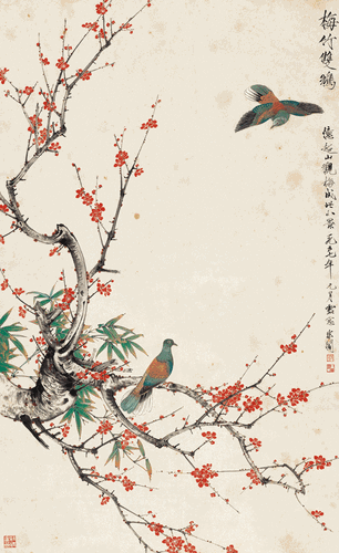 梅竹双鸩-155x95.5cm-1957年-于非闇