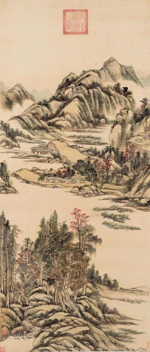 王原祁《秋林远黛图》立轴 设色绢本 112×48 cm
