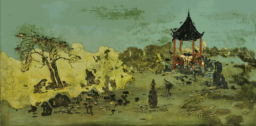 天青绿水依（木胎、大漆、金银箔、灰、螺钿）120x60cm--2020年-陈涵
