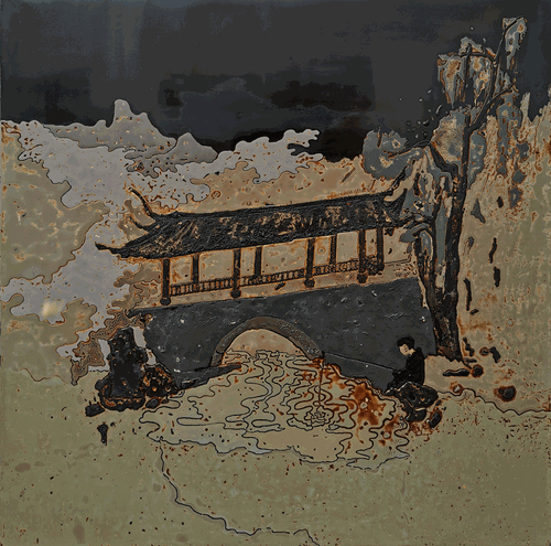 垂钓图（木胎、大漆、银箔、灰）60x60cm--2020年