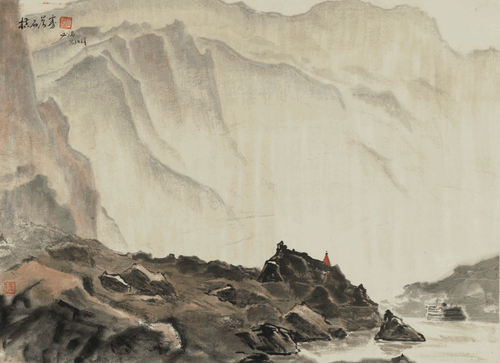 横石晨雾-37.5x51.5cm-1973年-伍必端-中国美术馆藏