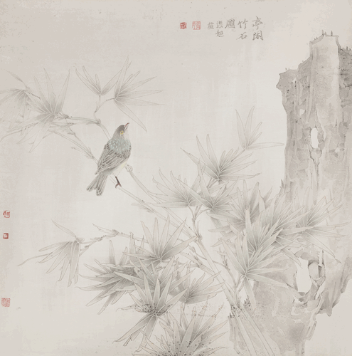 亭闲竹石图-66x66cm-张超