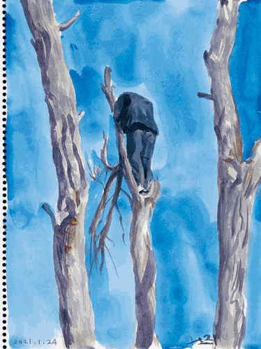 杨华砍树（纸上水彩）34×25.5cm-2021-年---刘小东