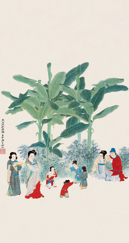张大千 拟周文矩戏婴图立轴 设色纸本 丁亥(1947 年)作 138×74 cm   2