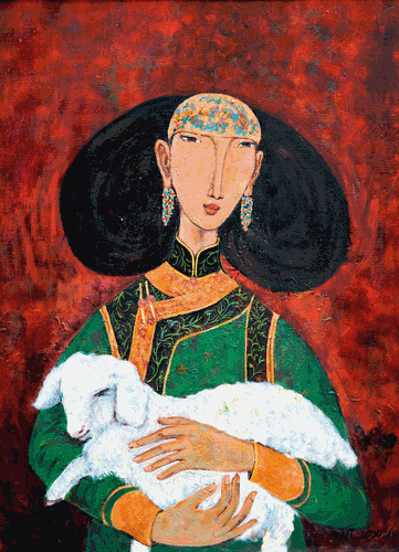 抱羊羔的女子（油画）60×80cm--乌-兰