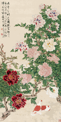 牡丹双鸽图-162×81.5cm-1959年-于非闇-北京画院藏