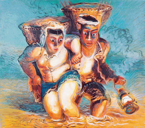 故乡系列稿之一—过河（油画）90×100cm-2000年-罗中立