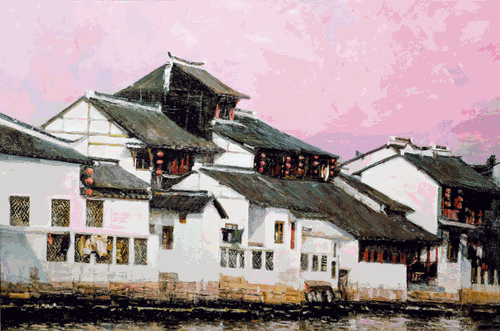 红云下的朱家角（油画）80×120cm-2022年-张祖英