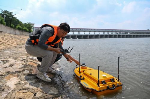 △在天津市独流减河进洪闸上游，水文人员在岸边准备使用无人水文监测船进行水文监测。新华社发