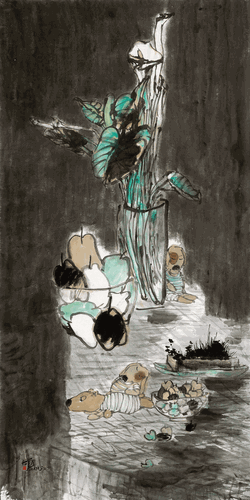 冷灰中的花与水果2（国画）138×69cm-2018年-姚大伍