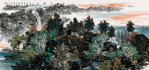 万泉河曙光（国画）-阮江